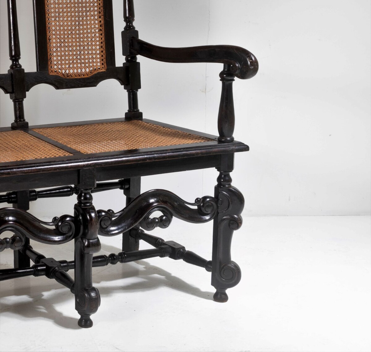 19thC Jacobean Renaissance Carved Oak High Back Cane 3 Seater Hall Bench Settee - Image 2
