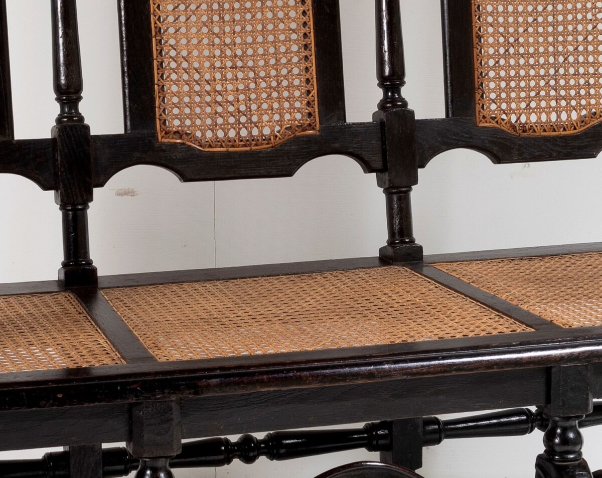 19thC Jacobean Renaissance Carved Oak High Back Cane 3 Seater Hall Bench Settee - Image 15