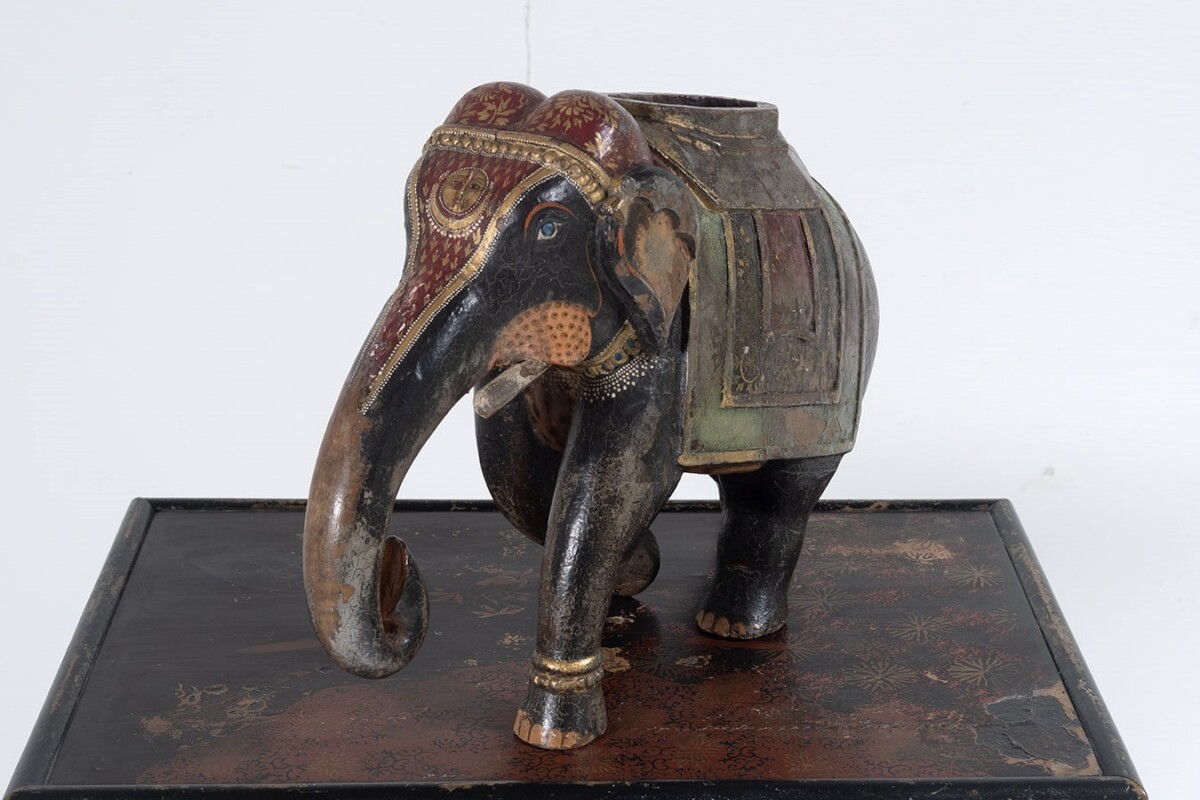 Large Decorative Antique 19th Century Carved Indian Elephant with Painted Caparision