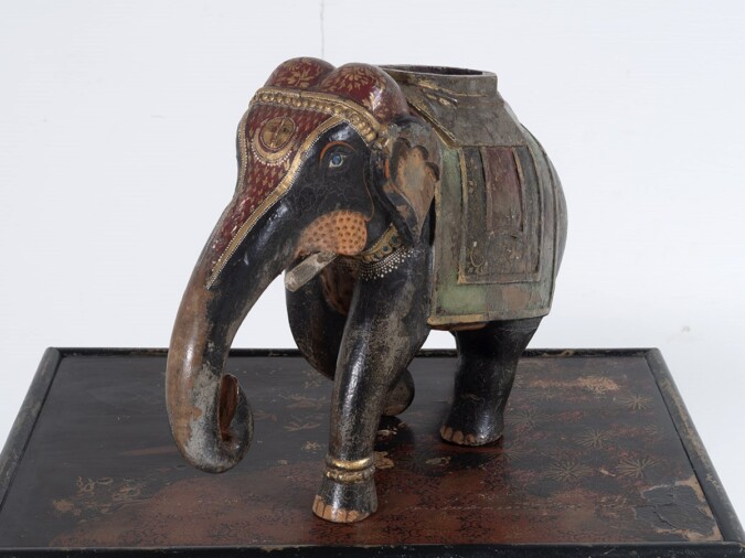Large Decorative Antique 19th Century Carved Indian Elephant with Painted Caparision