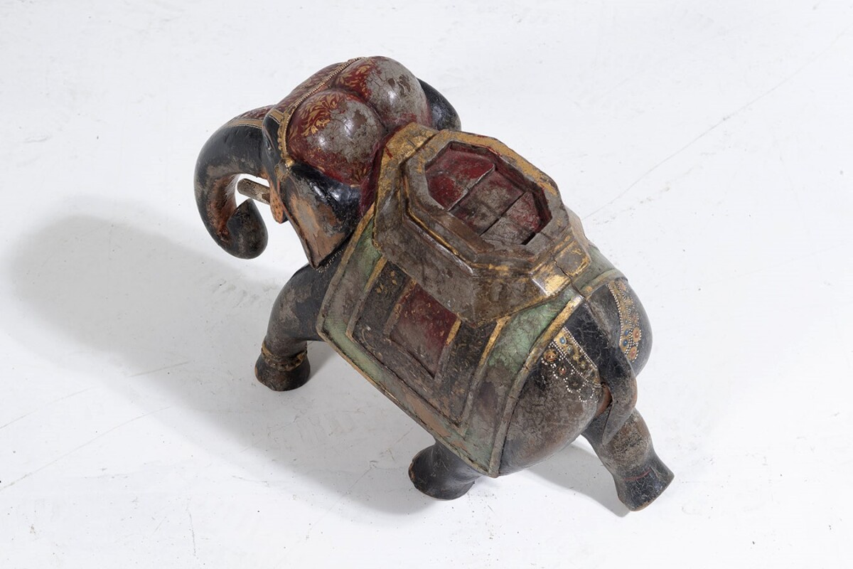 Large Decorative Antique 19th Century Carved Indian Elephant with Painted Caparision - Image 4