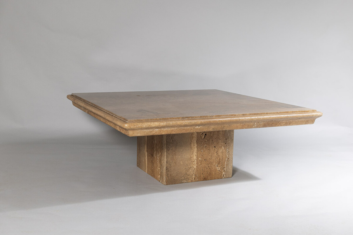 Large Square Italian Vintage Modern Travertine Coffee Table in superb Walnut Colour Vein