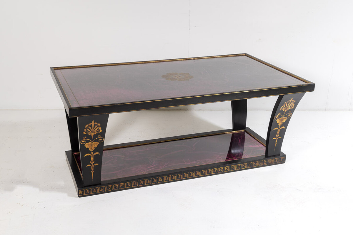 Vintage Italian Glass Top Coffee Table Ebonised Gilt with Crushed Velvet Versace Cloth - Image 2