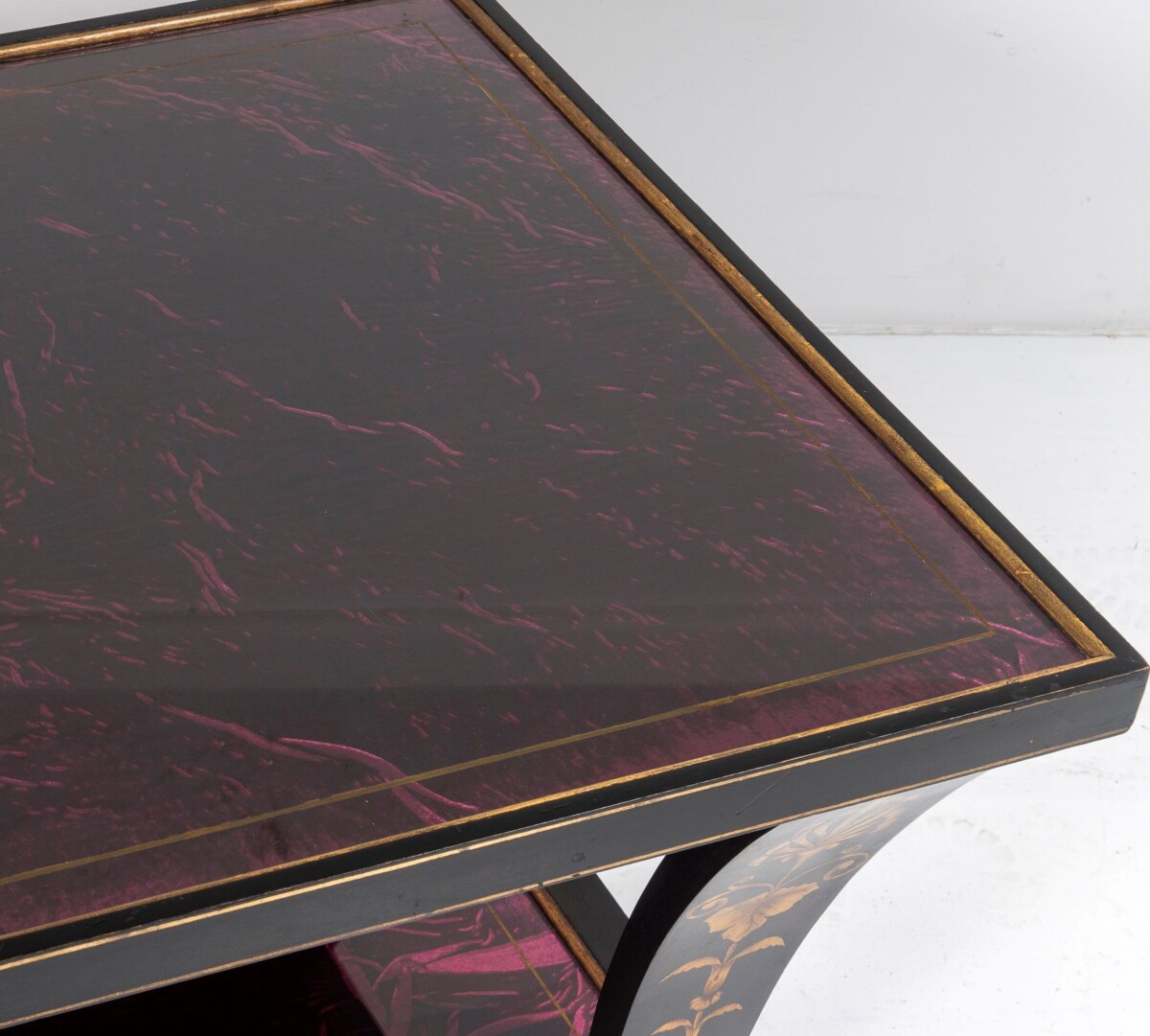 Vintage Italian Glass Top Coffee Table Ebonised Gilt with Crushed Velvet Versace Cloth - Image 4