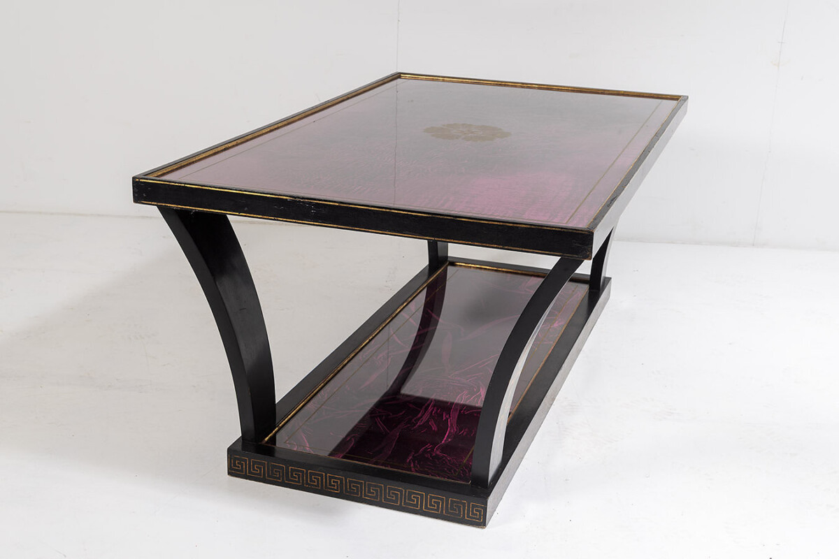 Vintage Italian Glass Top Coffee Table Ebonised Gilt with Crushed Velvet Versace Cloth
