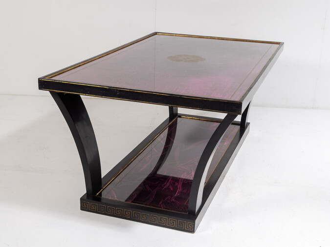 Vintage Italian Glass Top Coffee Table Ebonised Gilt with Crushed Velvet Versace Cloth