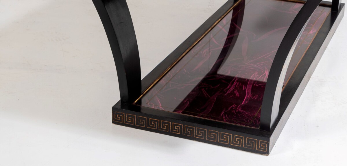Vintage Italian Glass Top Coffee Table Ebonised Gilt with Crushed Velvet Versace Cloth - Image 9