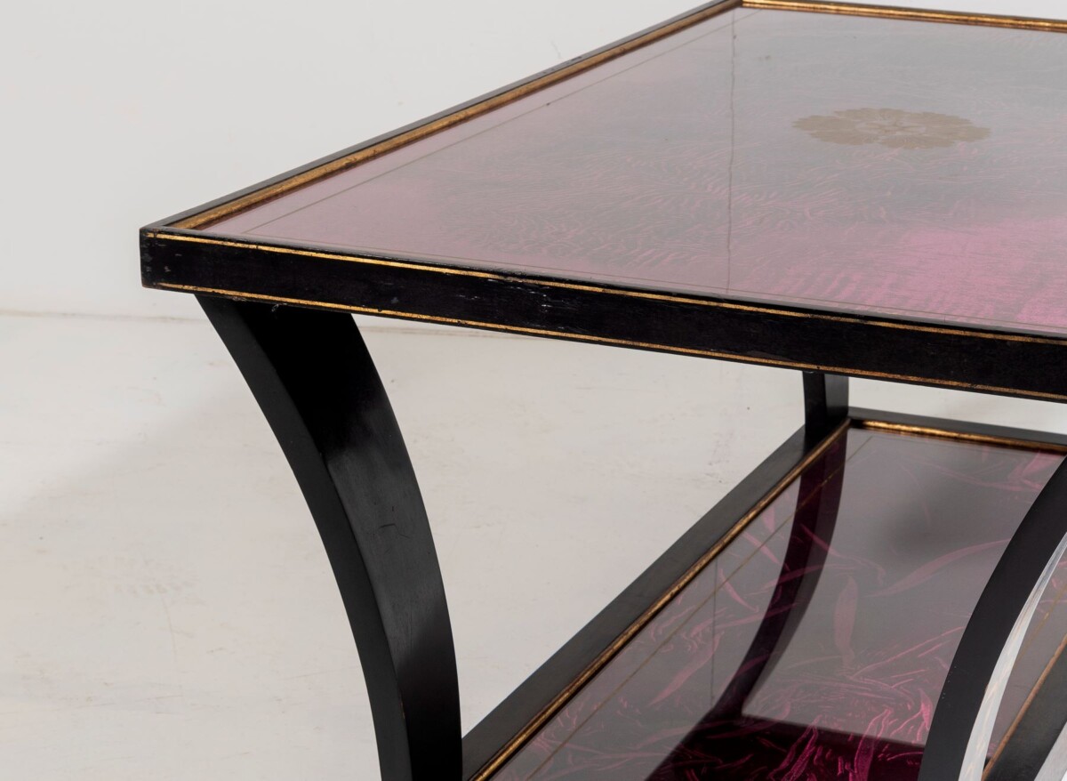 Vintage Italian Glass Top Coffee Table Ebonised Gilt with Crushed Velvet Versace Cloth - Image 8