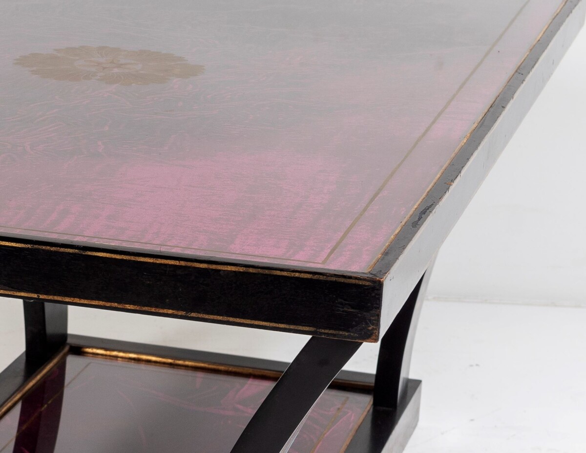 Vintage Italian Glass Top Coffee Table Ebonised Gilt with Crushed Velvet Versace Cloth - Image 3
