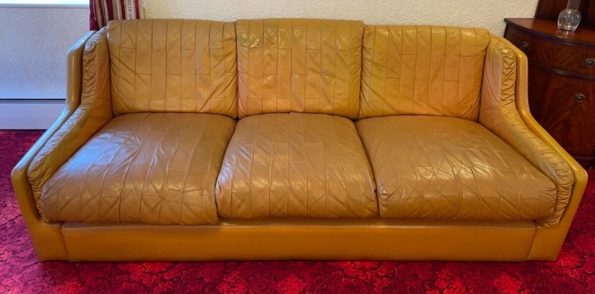 1970s Mid Century Vintage Patchwork Tan Leather Sofa by Gimson & Slater