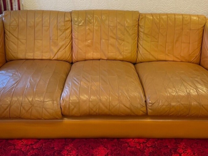 1970s Mid Century Vintage Patchwork Tan Leather Sofa by Gimson & Slater