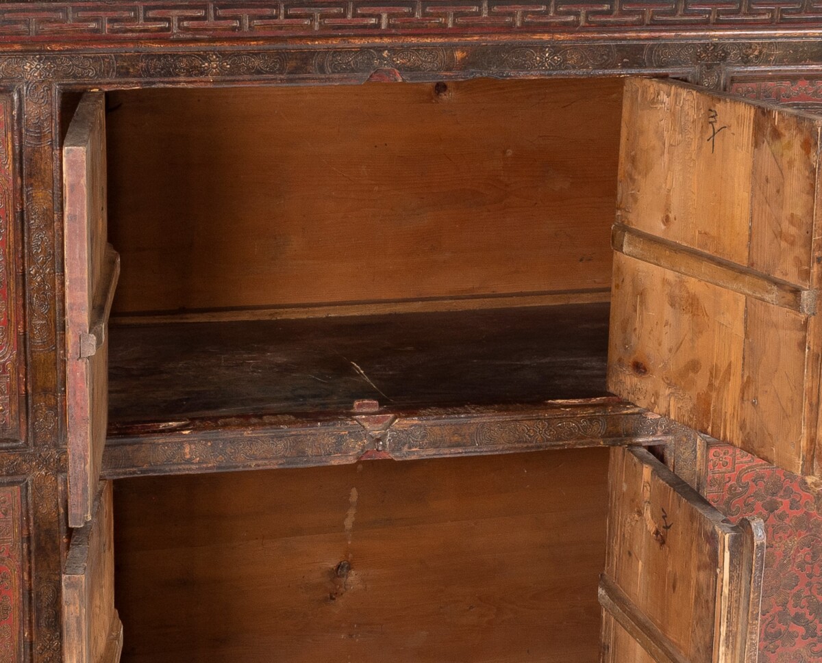 Original 19thC Large Chinese Tibetan Hand Painted Lacquered Alter Cupboard Sideboard - Image 7