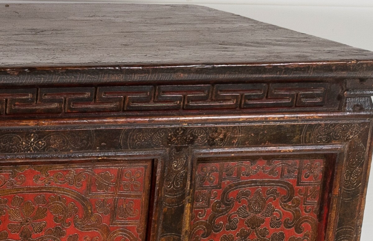 Original 19thC Large Chinese Tibetan Hand Painted Lacquered Alter Cupboard Sideboard - Image 5