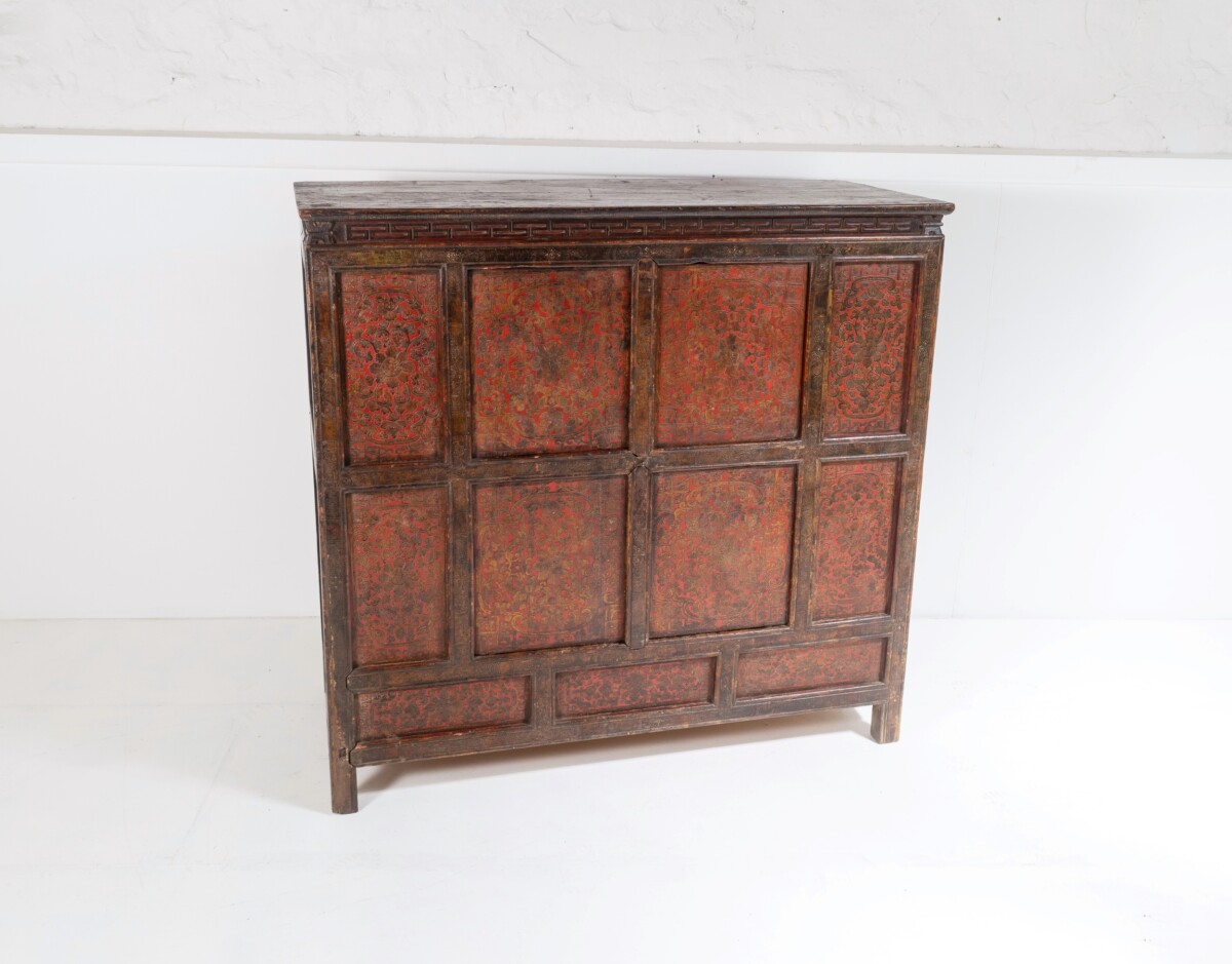 Original 19thC Large Chinese Tibetan Hand Painted Lacquered Alter Cupboard Sideboard