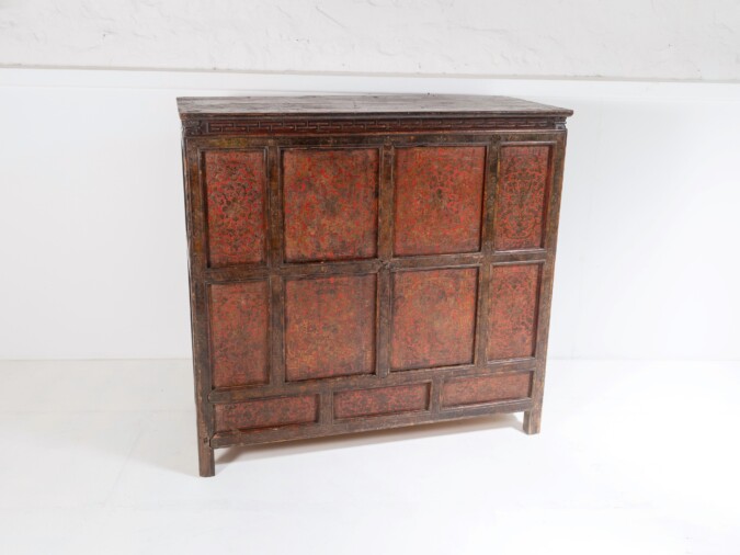 Original 19thC Large Chinese Tibetan Hand Painted Lacquered Alter Cupboard Sideboard