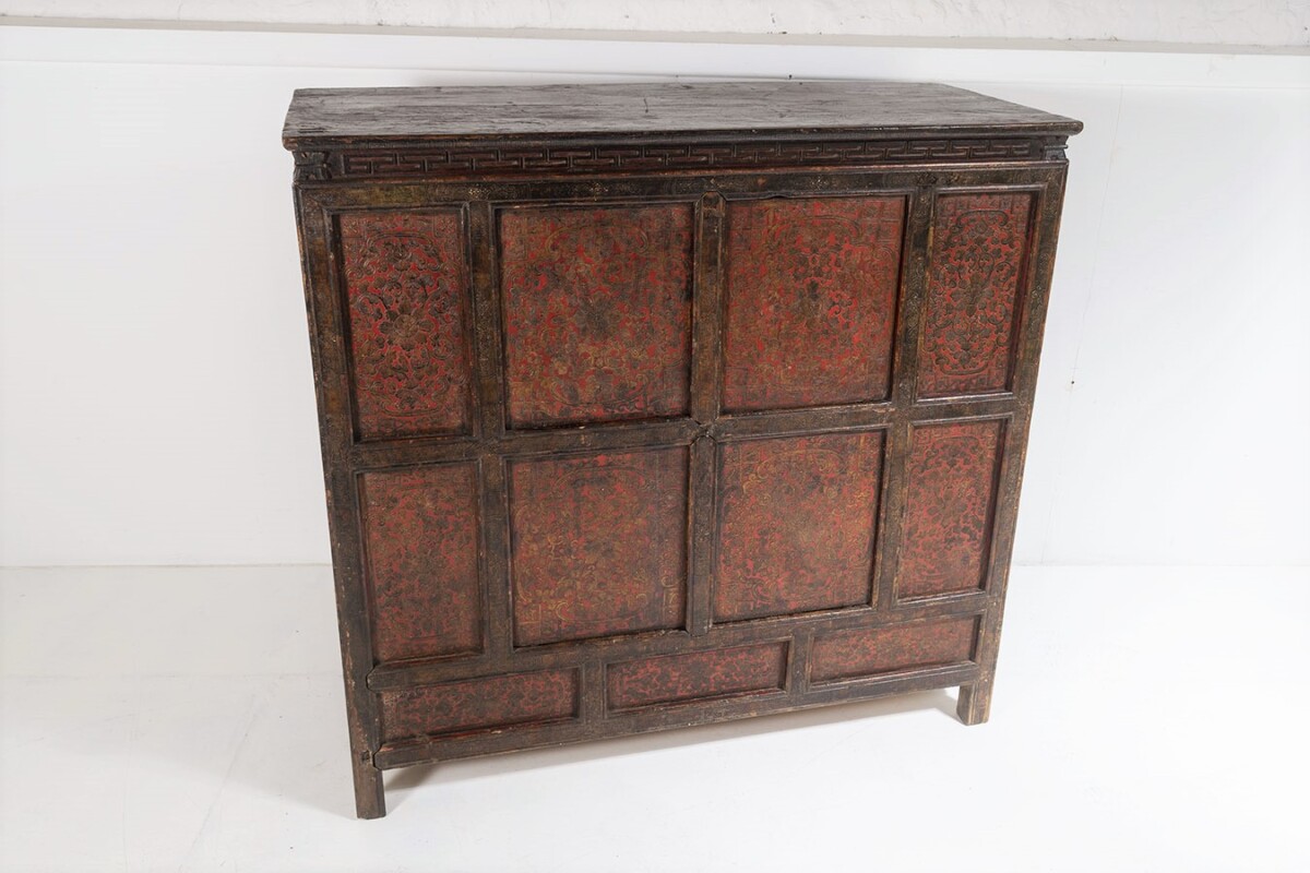 Original 19thC Large Chinese Tibetan Hand Painted Lacquered Alter Cupboard Sideboard - Image 4
