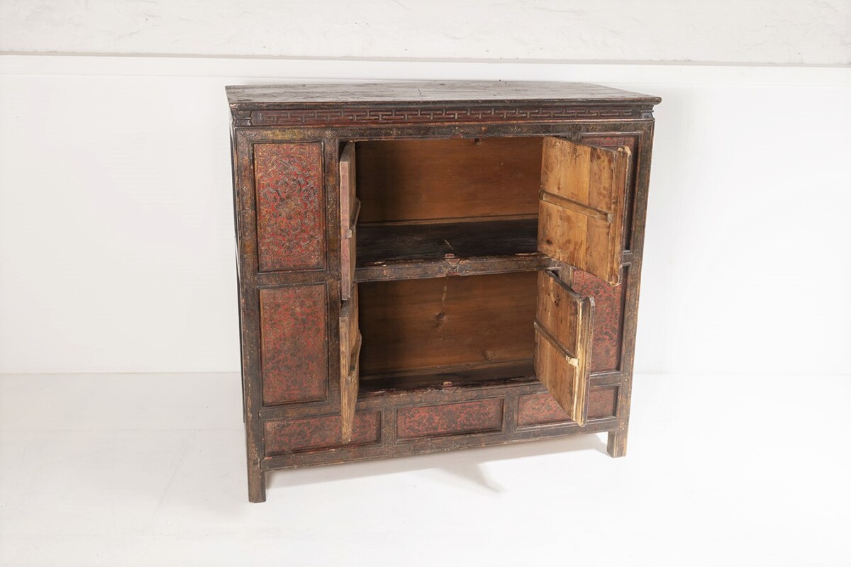 Original 19thC Large Chinese Tibetan Hand Painted Lacquered Alter Cupboard Sideboard - Image 2