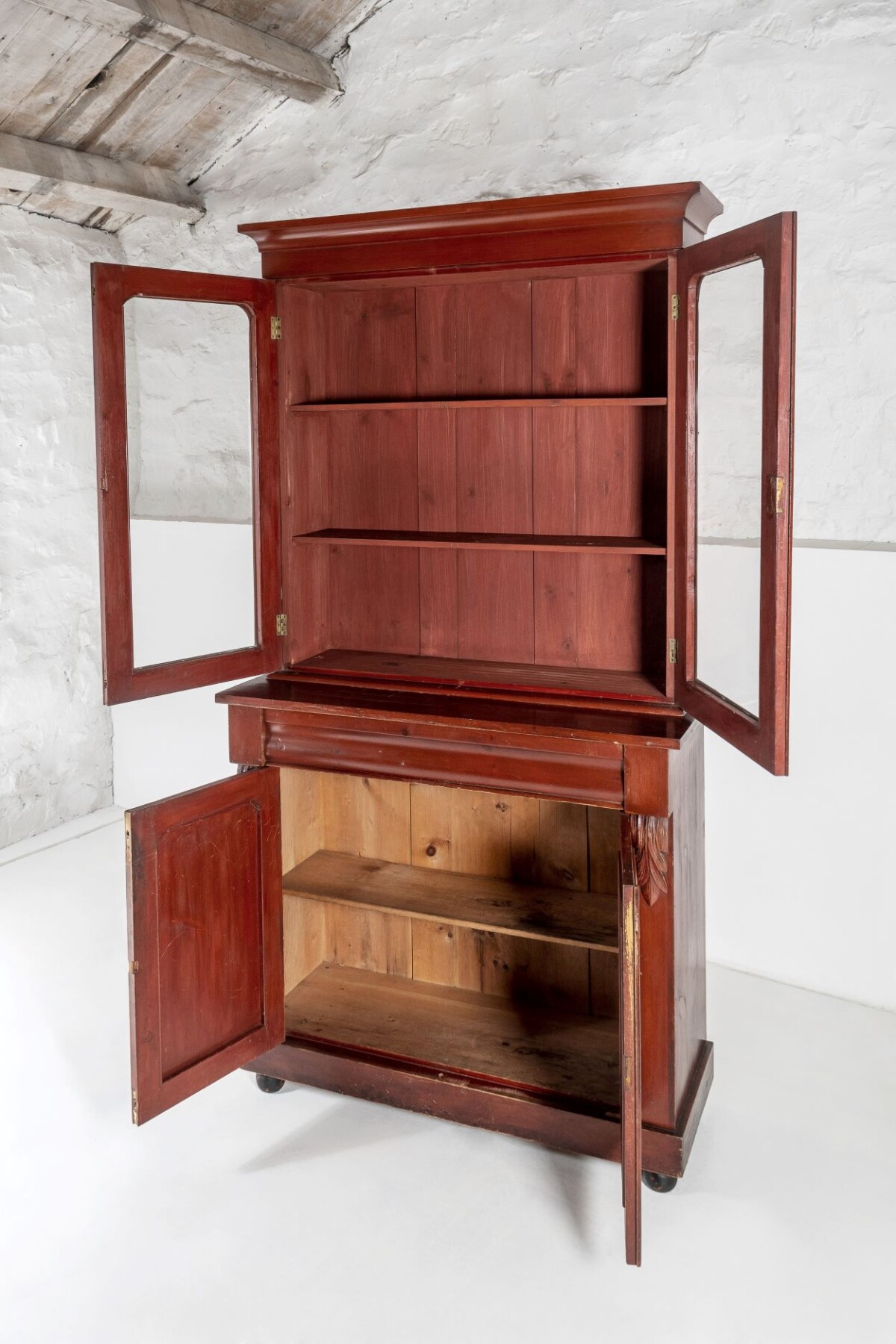 Tall Victorian Dresser unit Bookcase with original Glazing and Red Brown Lacquer - Image 11