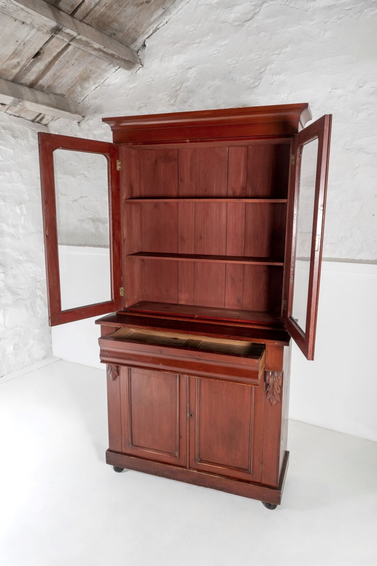 Tall Victorian Dresser unit Bookcase with original Glazing and Red Brown Lacquer - Image 10