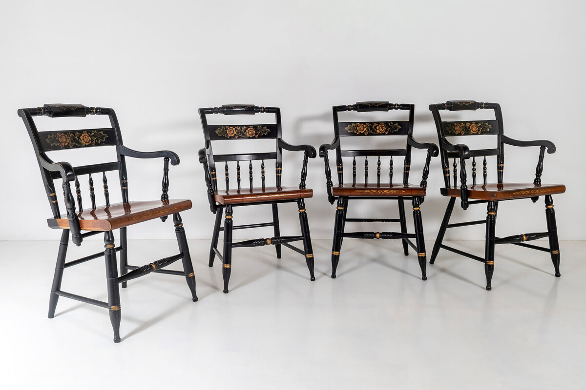 Set of 4 - L. Hitchcock Stencilled Painted Black Solid Maple Dining Chairs