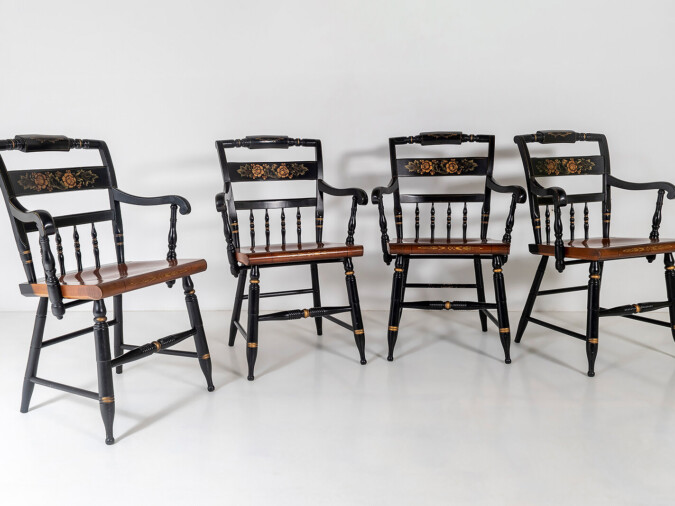 Set of 4 - L. Hitchcock Stencilled Painted Black Solid Maple Dining Chairs