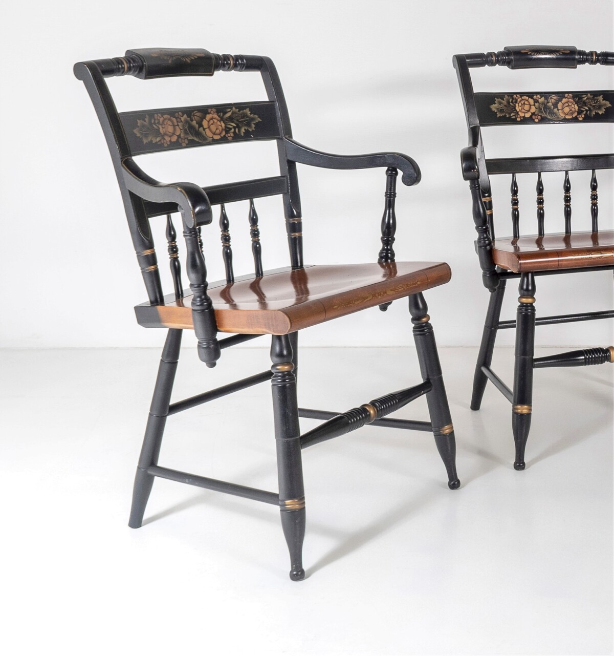 Set of 4 - L. Hitchcock Stencilled Painted Black Solid Maple Dining Chairs - Image 2