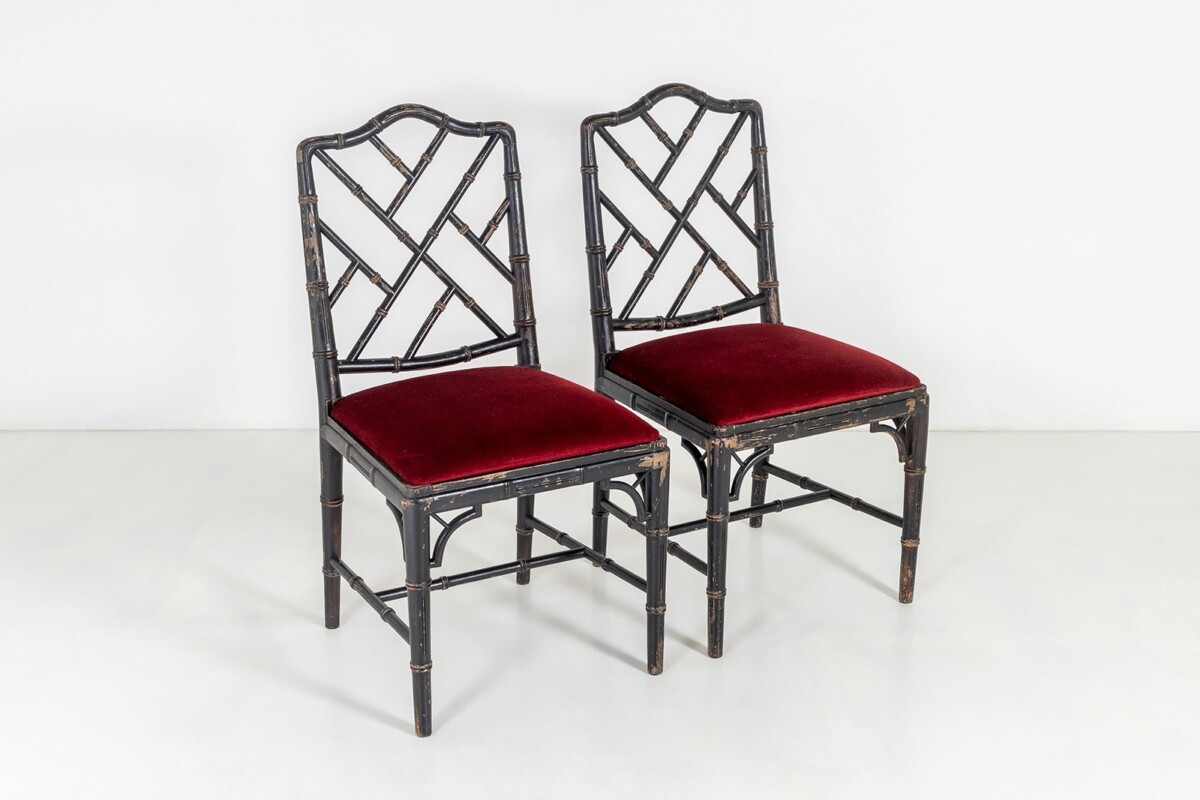 A Pair of Ebonised Faux Bamboo Chinese Chippendale Style Occasional Chairs