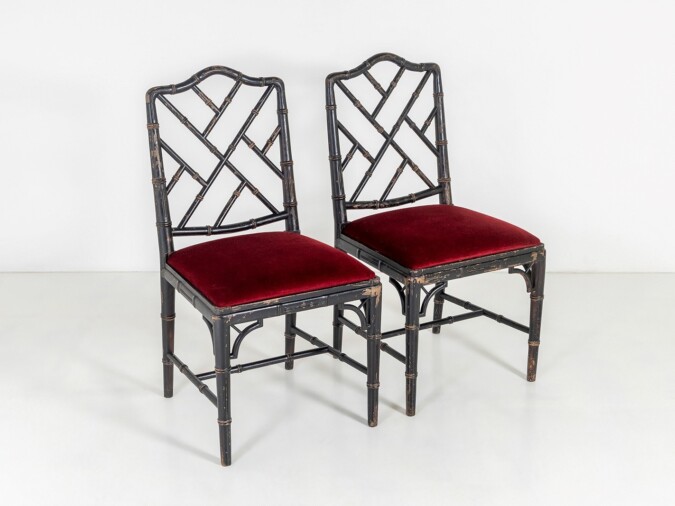 A Pair of Ebonised Faux Bamboo Chinese Chippendale Style Occasional Chairs