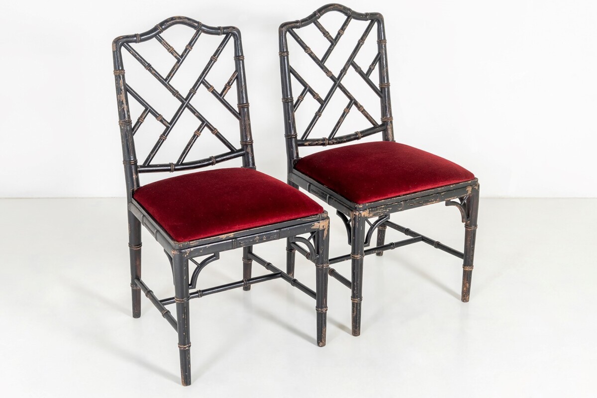 A Pair of Ebonised Faux Bamboo Chinese Chippendale Style Occasional Chairs - Image 3
