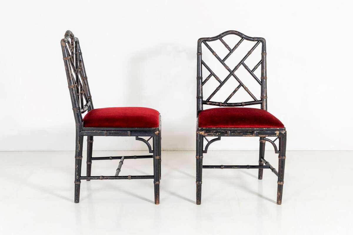 A Pair of Ebonised Faux Bamboo Chinese Chippendale Style Occasional Chairs - Image 2