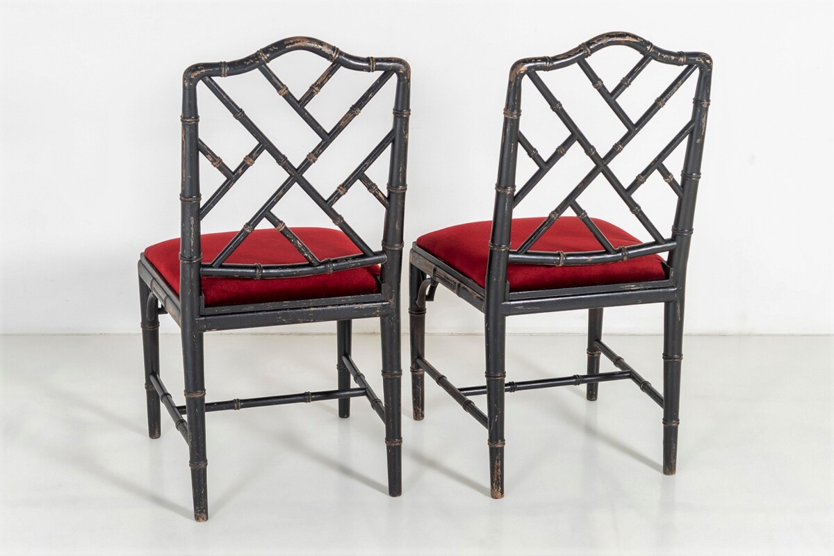 A Pair of Ebonised Faux Bamboo Chinese Chippendale Style Occasional Chairs - Image 9