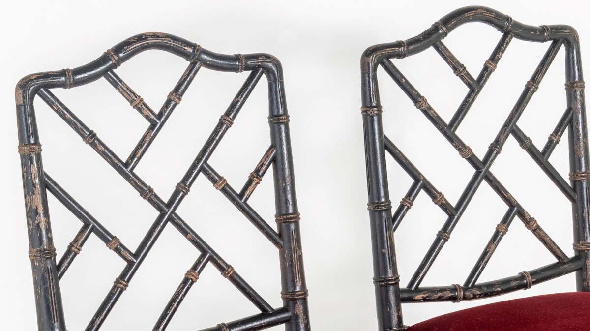 A Pair of Ebonised Faux Bamboo Chinese Chippendale Style Occasional Chairs - Image 8