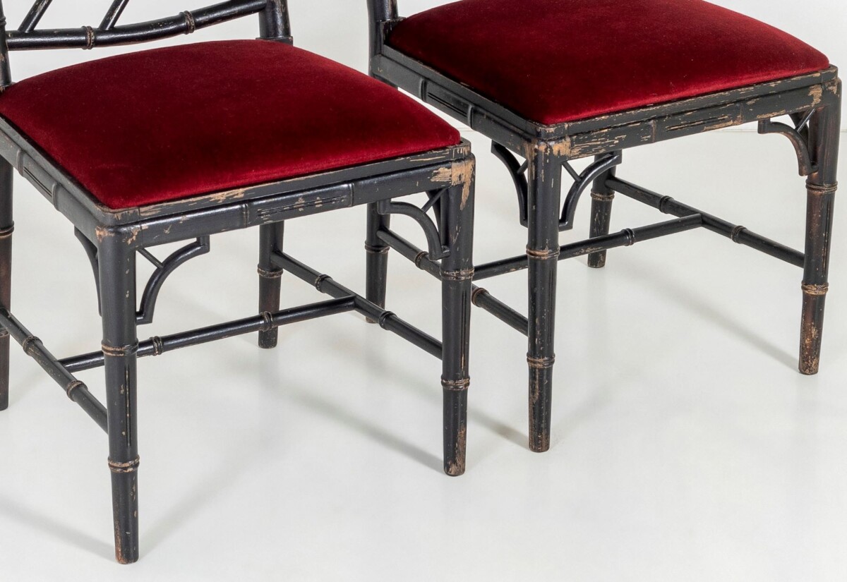 A Pair of Ebonised Faux Bamboo Chinese Chippendale Style Occasional Chairs - Image 7