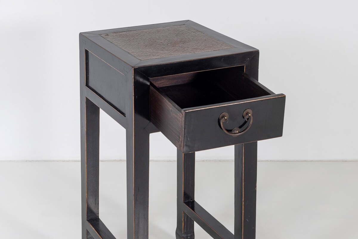 Black Ebonised Lacquered Japanese Side Table with Cane Top and Single Drawer - Image 3