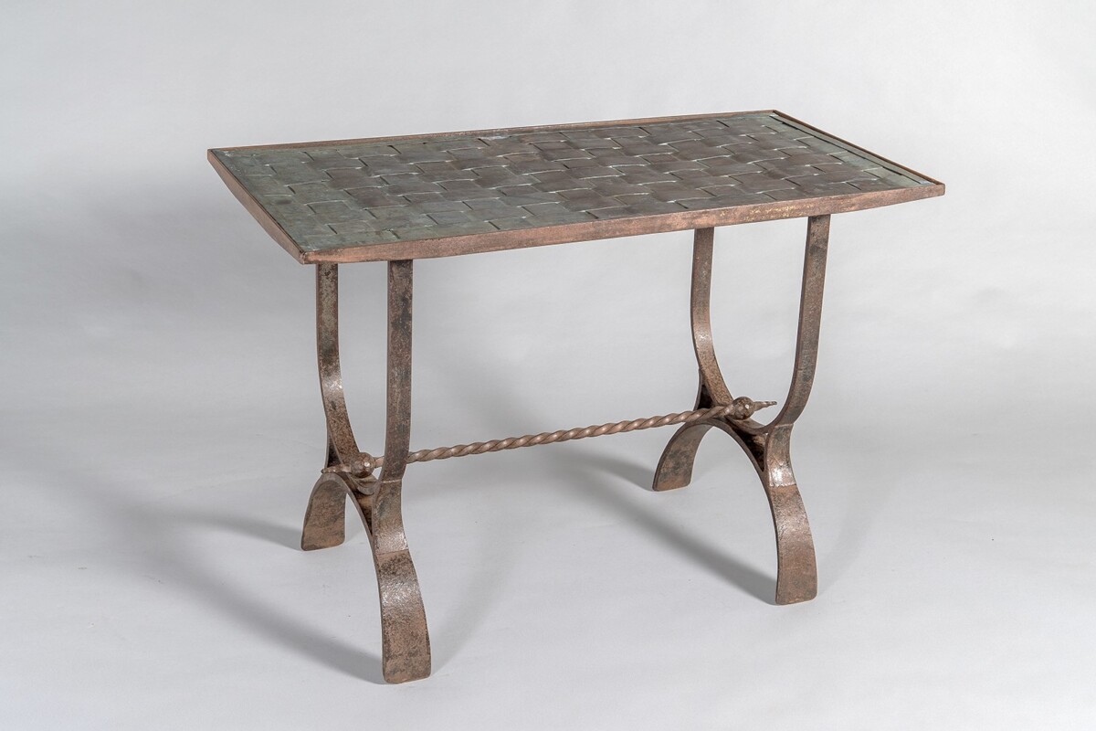 Heavy Verdigris Copper Lattice Top Wrought Iron French Side Table Console - Image 7