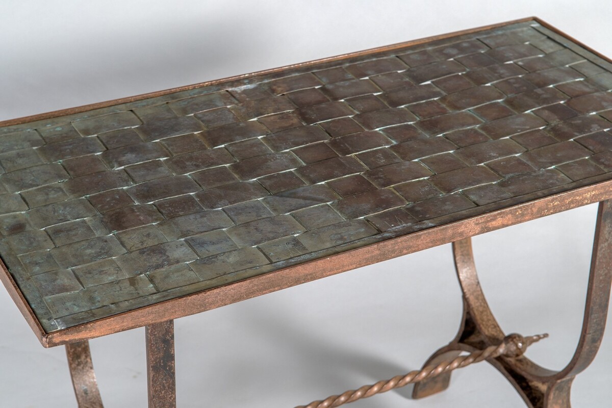 Heavy Verdigris Copper Lattice Top Wrought Iron French Side Table Console - Image 6