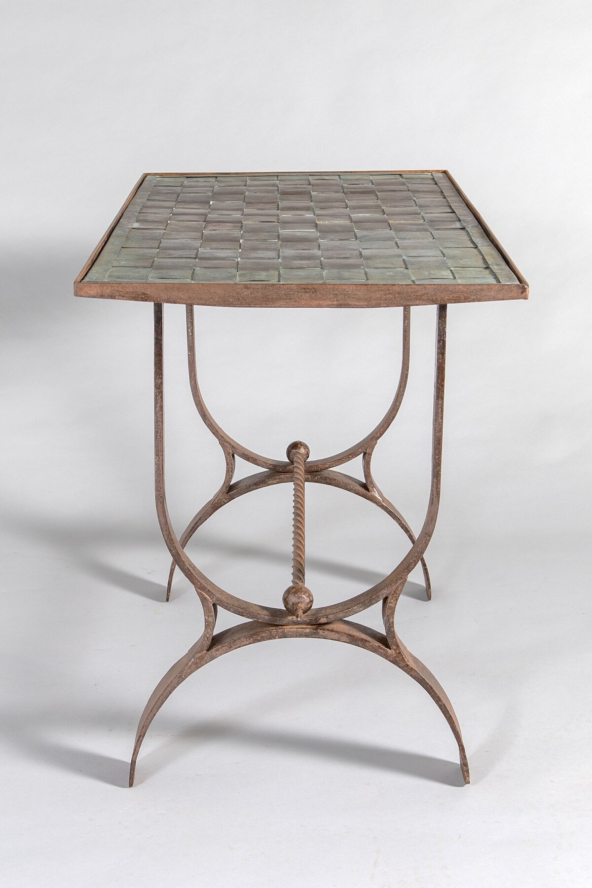 Heavy Verdigris Copper Lattice Top Wrought Iron French Side Table Console - Image 3
