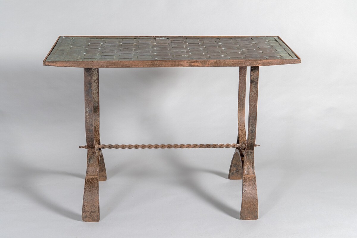 Heavy Verdigris Copper Lattice Top Wrought Iron French Side Table Console - Image 4