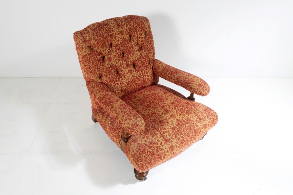 Antique English Walnut Country House Open Armchair, Traditional Upholstery on Castors - Image 3