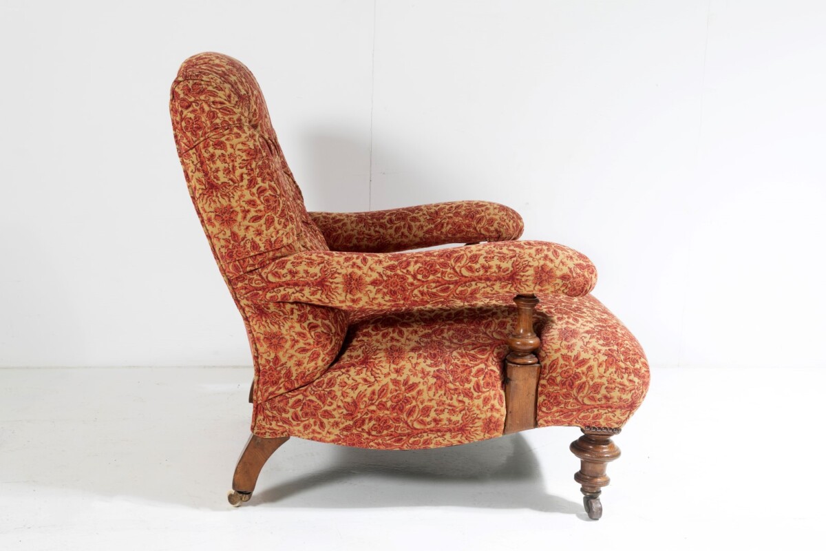 Antique English Walnut Country House Open Armchair, Traditional Upholstery on Castors