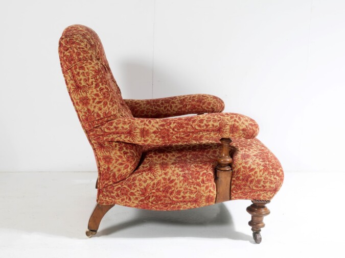 Antique English Walnut Country House Open Armchair, Traditional Upholstery on Castors
