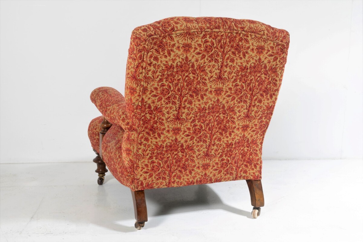 Antique English Walnut Country House Open Armchair, Traditional Upholstery on Castors - Image 4