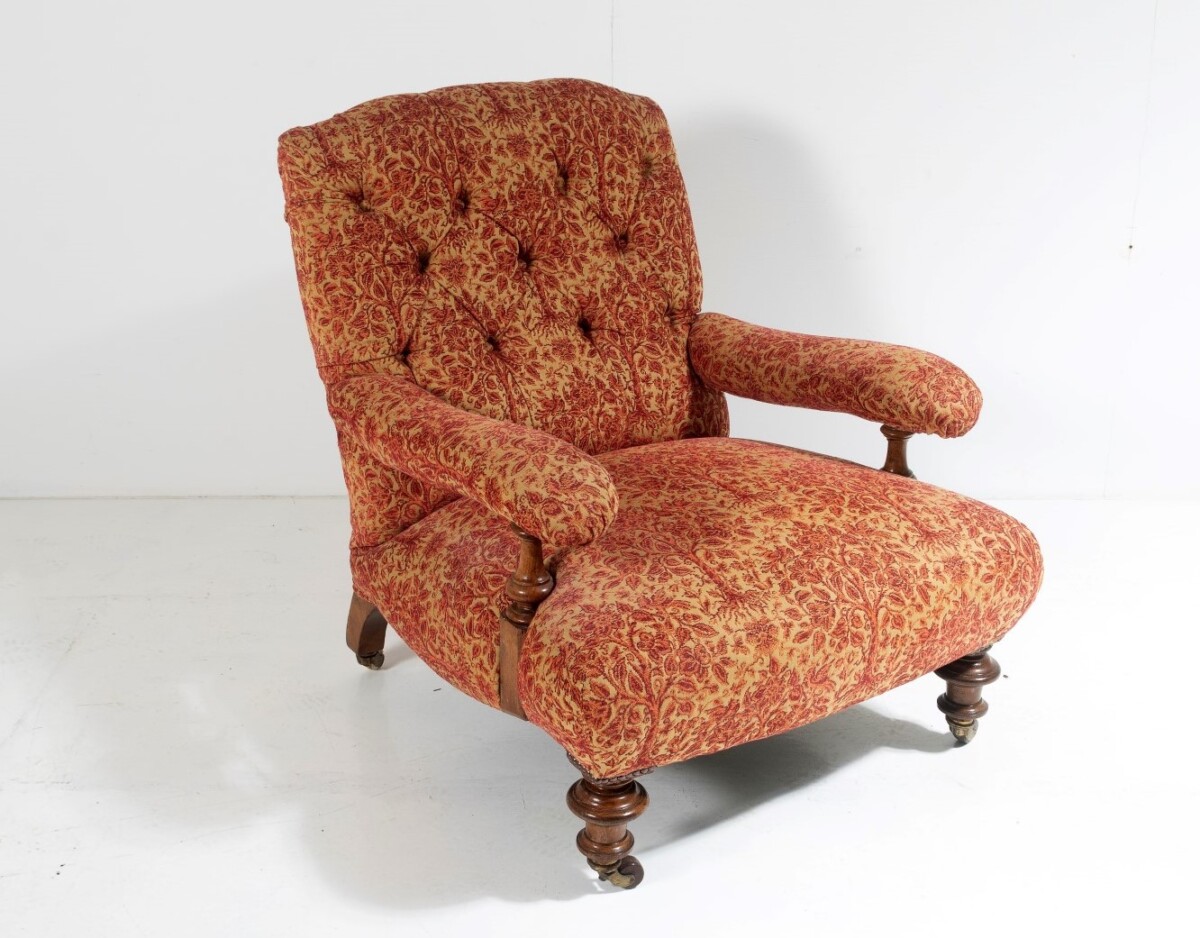 Antique English Walnut Country House Open Armchair, Traditional Upholstery on Castors - Image 2