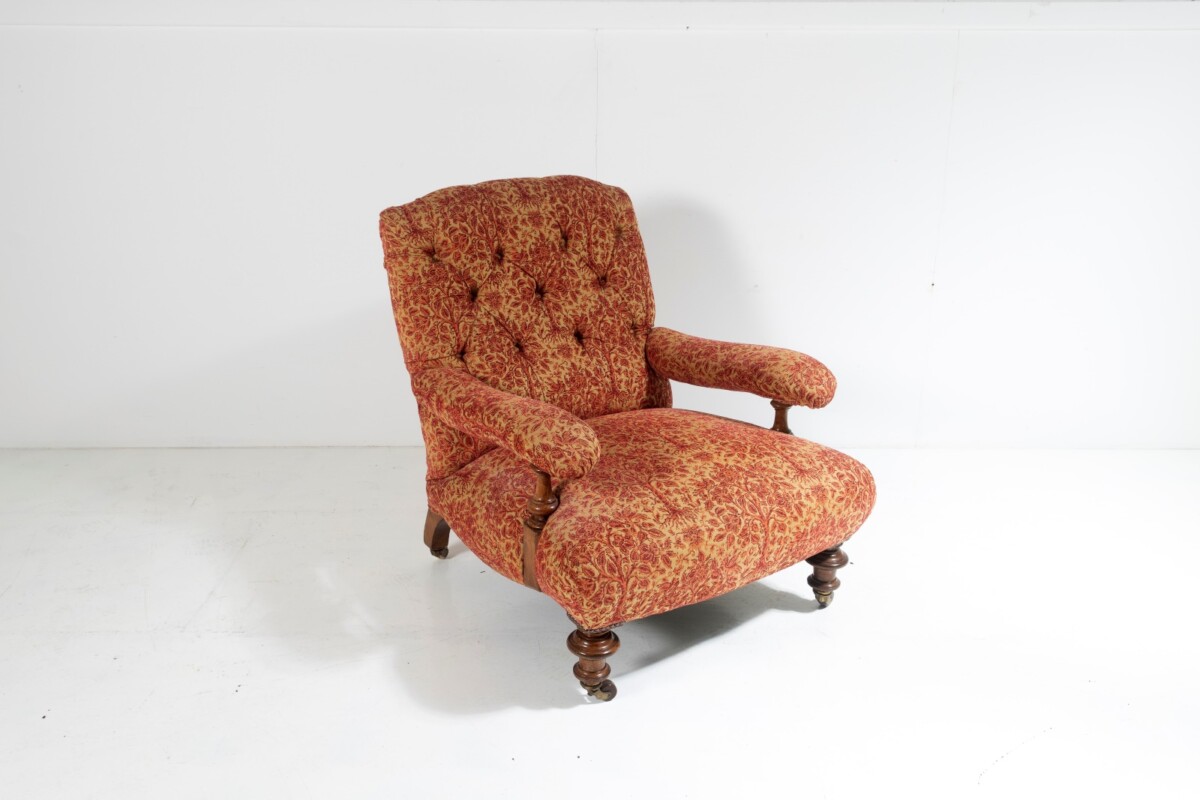 Antique English Walnut Country House Open Armchair, Traditional Upholstery on Castors - Image 15