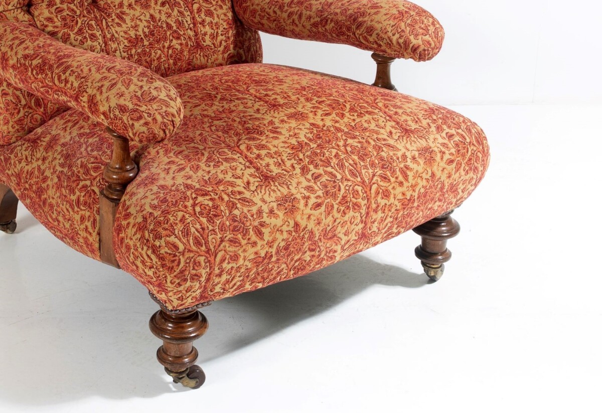 Antique English Walnut Country House Open Armchair, Traditional Upholstery on Castors - Image 5