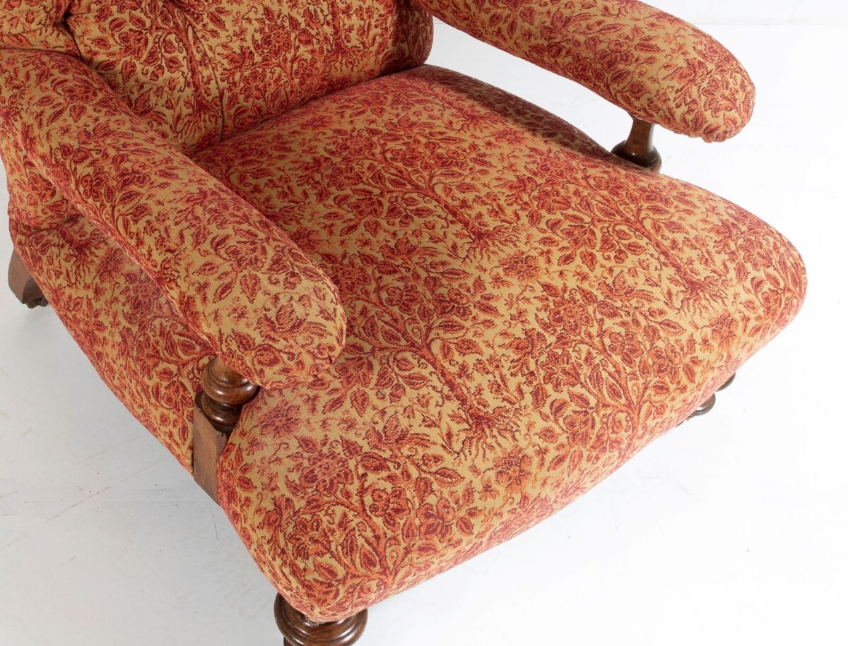 Antique English Walnut Country House Open Armchair, Traditional Upholstery on Castors - Image 12