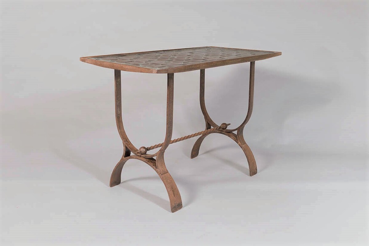 Heavy Verdigris Copper Lattice Top Wrought Iron French Side Table Console