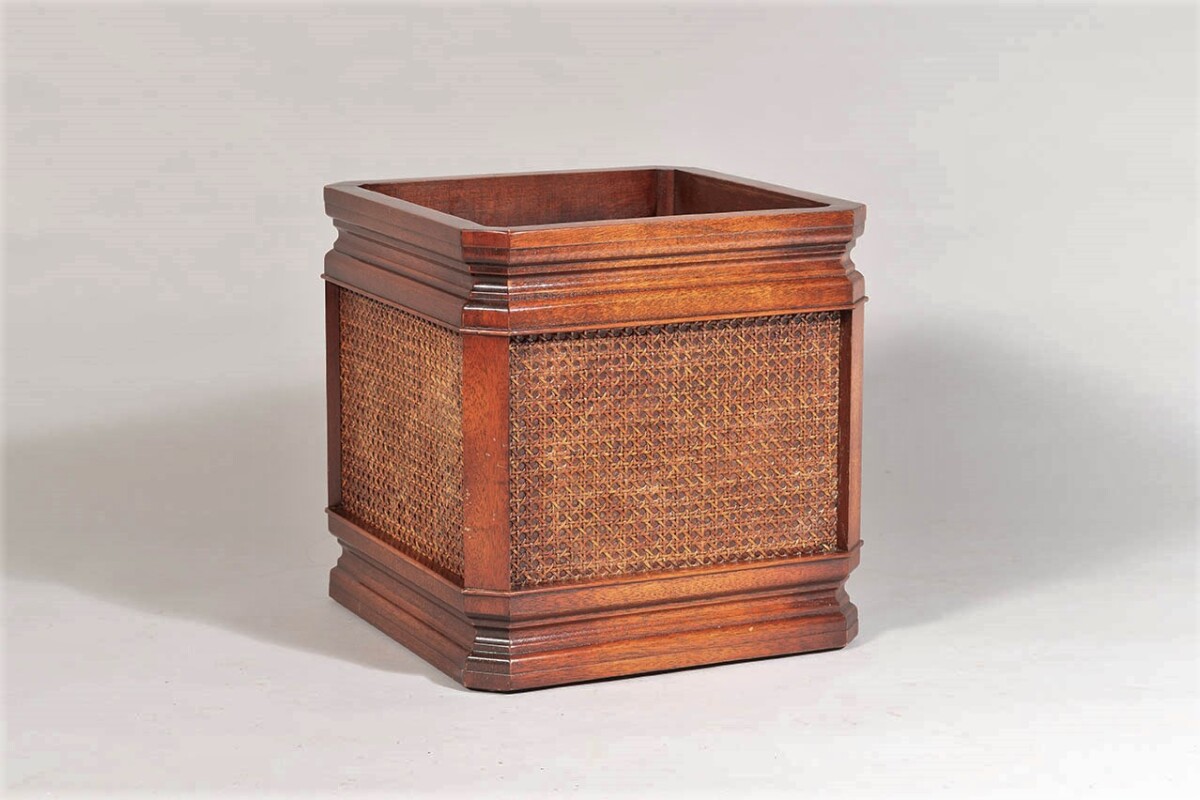 Mid Century Mahogany and Rattan Square Cube indoor planter jardinière stand