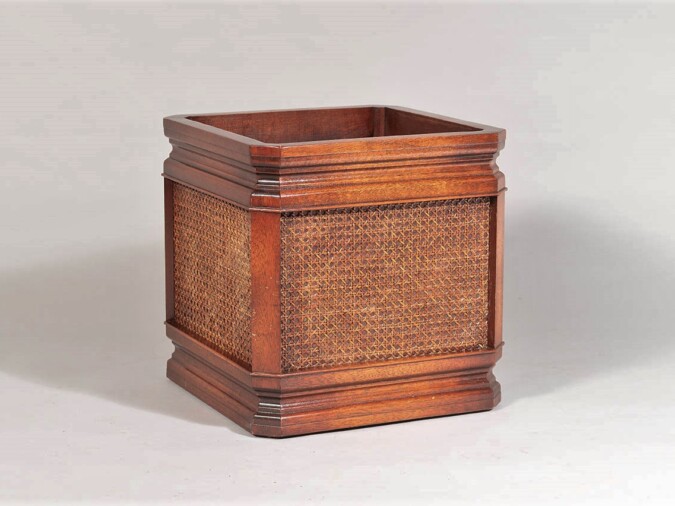 Mid Century Mahogany and Rattan Square Cube indoor planter jardinière stand