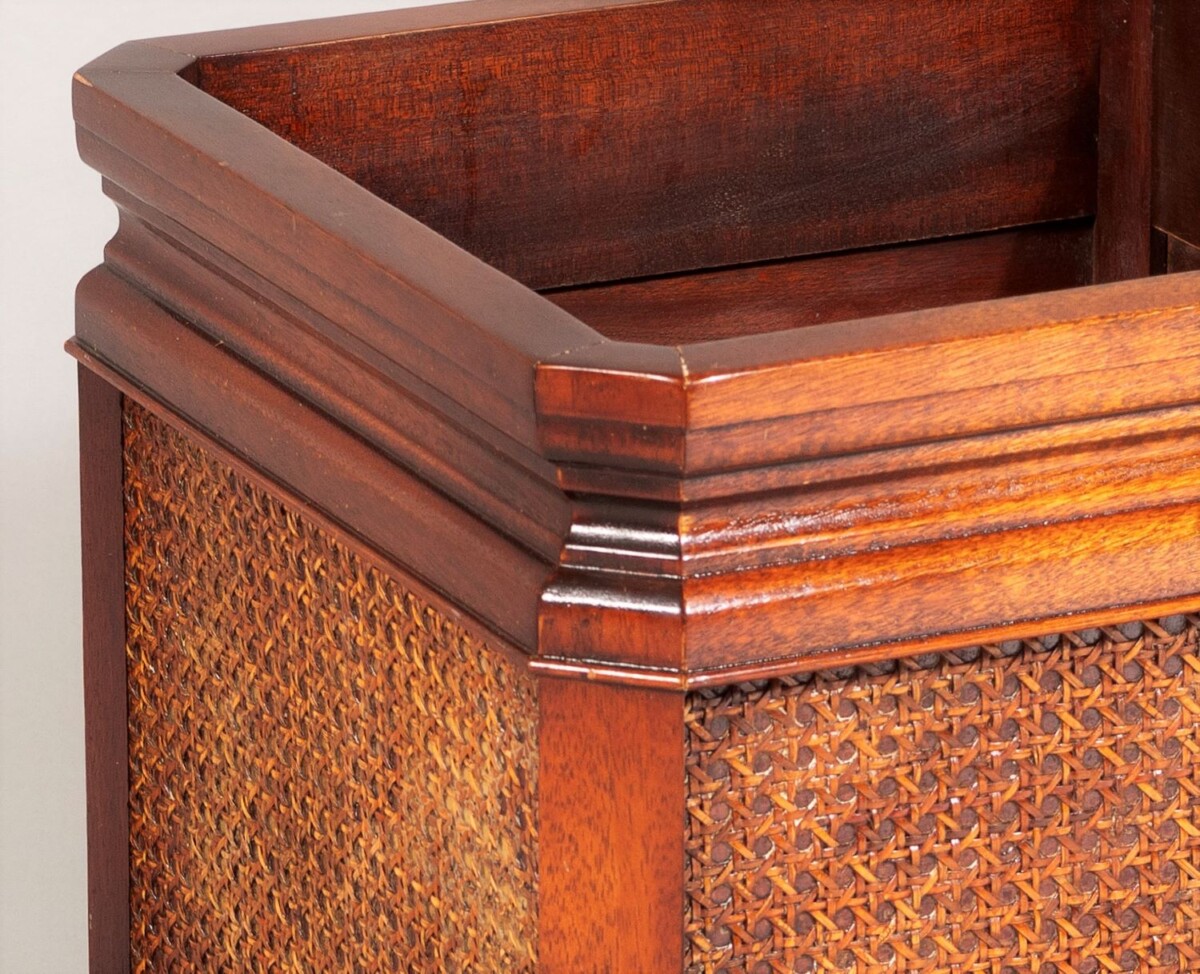 Mid Century Mahogany and Rattan Square Cube indoor planter jardinière stand - Image 3